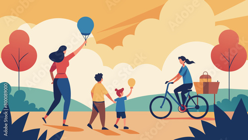 Family Enjoying a Sunny Day at the Park with Balloons and Bicycles