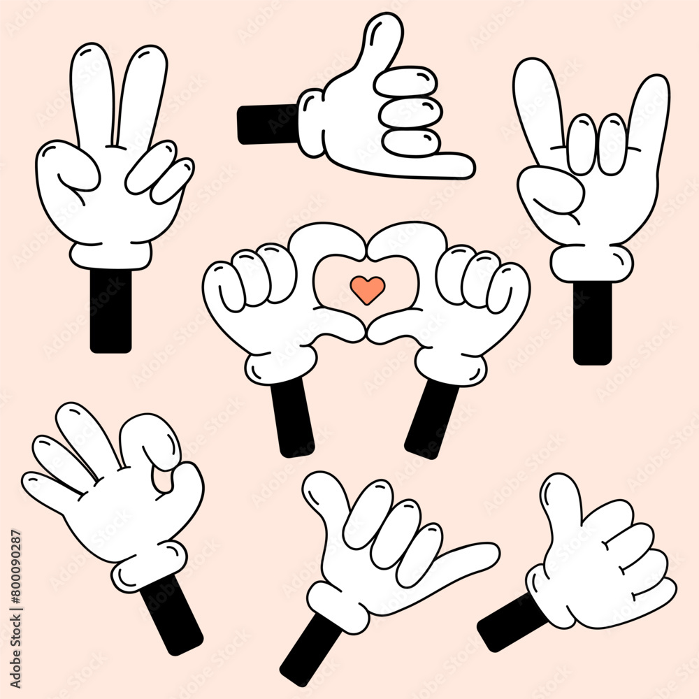 Retro comic hands gestures in gloves set .Doodle arm pointing finger show different signs,rock sign,heart,peace and victory,shaka sign,thumbs up.Cartoon groovy funny hands isolated vector illustration