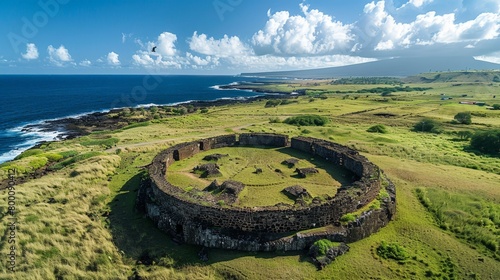 High-angle view of the Rapa Nui ceremonial platform, ancient Polynesian site photo