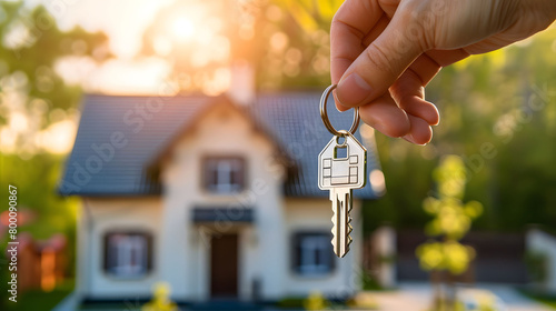 Hand Holding House Keys With Blurred Home in Background on a Sunny Day