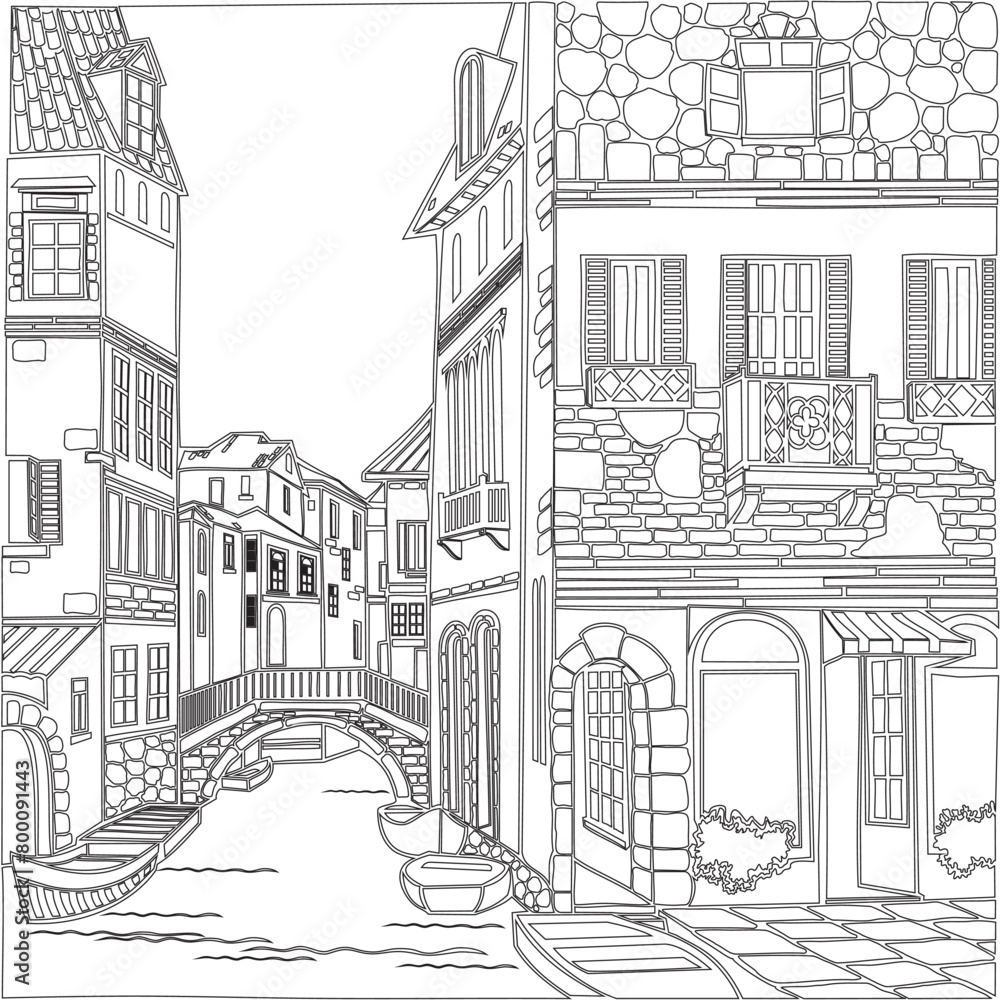 Architecture sketch vector illustration. Travel sketch of Italy Venice, Europe. Liner sketches architecture of Venice in retro style. water gondola gondolier Italy Venice, Rialto bridge.