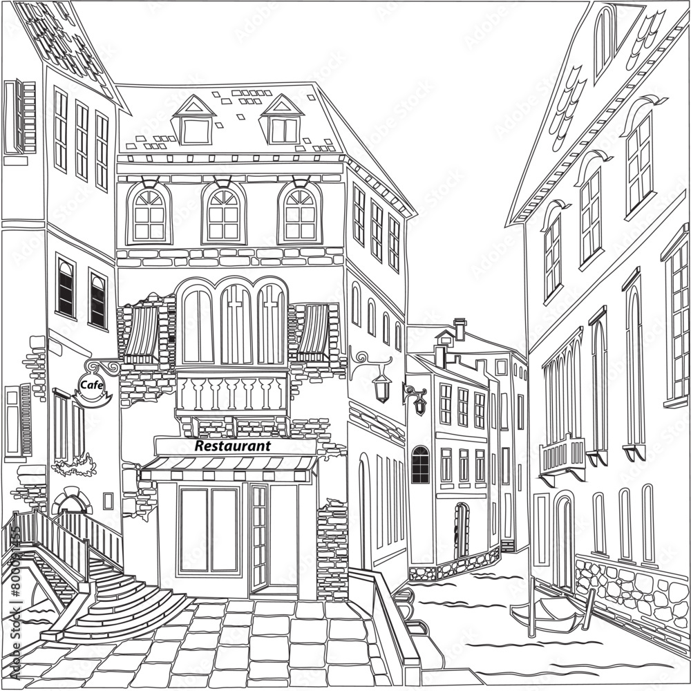 Old town. Street cafe. Old city view. European cityscape: house, building, Street cafe. Old houses on white background. City landscape. Life style.  Venice. vector Illustration