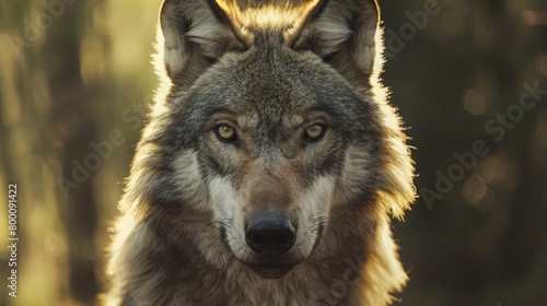 Craft a vivid description of a close-up portrait capture wolf