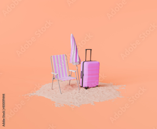 Beach Vacation Concept with Chair, Umbrella, and Suitcase on Sand