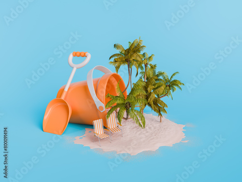 Summer Beach Scene with Sand Toys, Chair, and Palm Trees