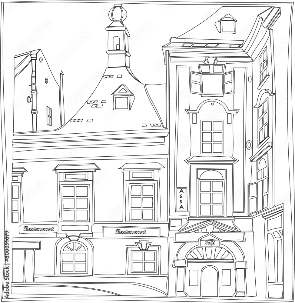 Old town. Street cafe. Old city view. European cityscape: house, building, Street cafe. Old houses on white background. City landscape. Life style. Vector Illustration