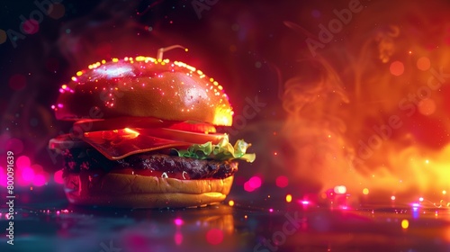 Burger beneath vibrant, mystical lights mimicking an enchanted landscape.