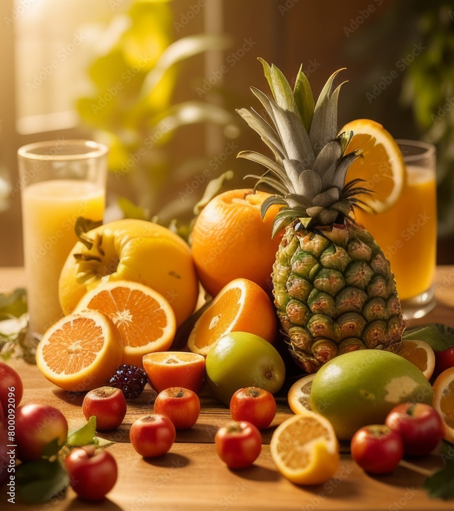 A vibrant display of various fruits, including pineapples, oranges, apples and grapes, are arranged in an elaborate composition. A vibrant display of various fruits, including pineapples, oranges, apples and grapes, are arranged in an elaborate composition.