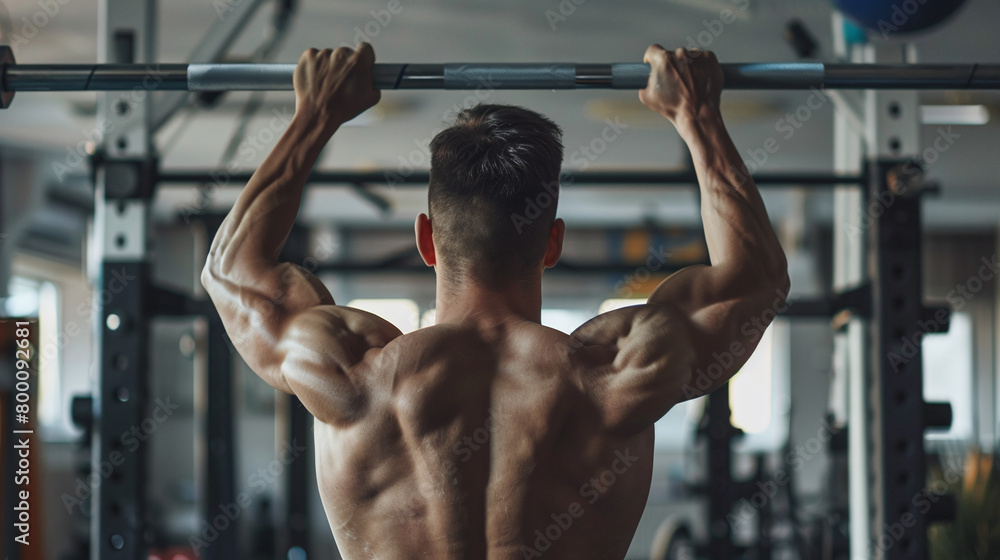 Naklejka premium Rear view of a strong athletic man doing pull-ups on the horizontal bar in the gym