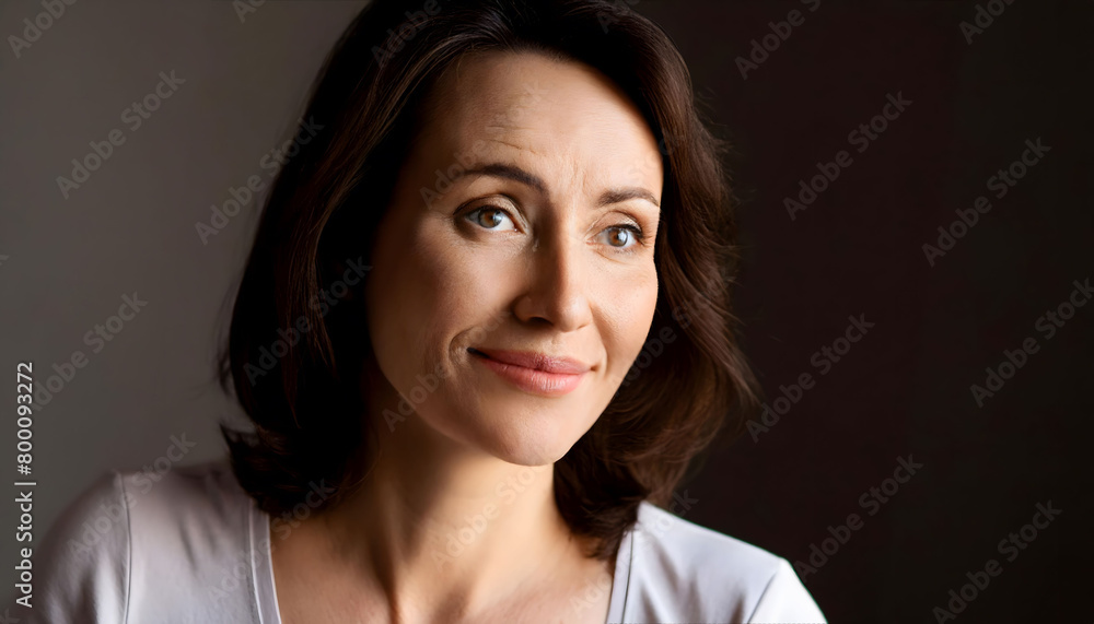 The pleasant-looking middle-aged woman, smiling towards the camera in close-up The pleasant-looking middle-aged woman, smiling towards the camera in close-up