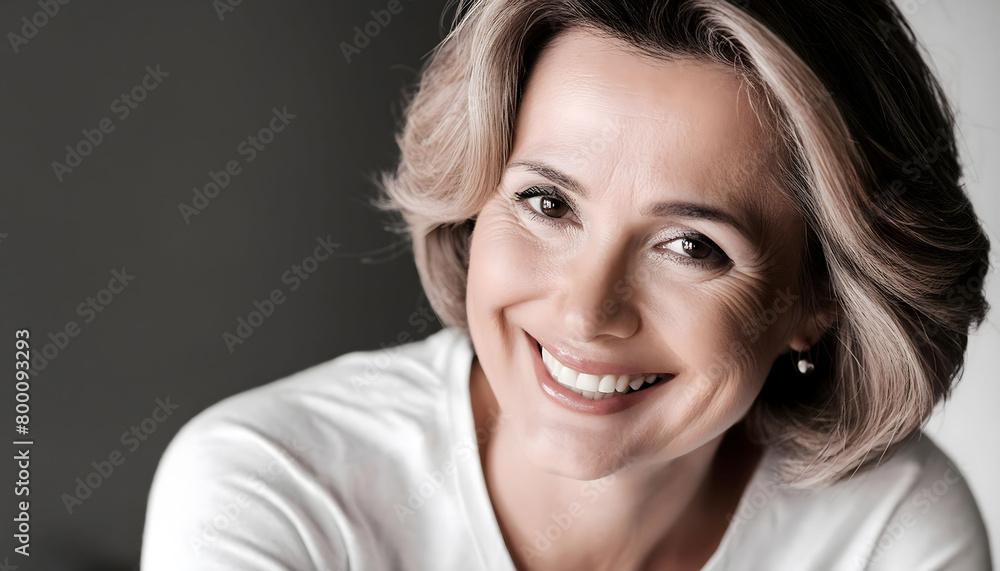 The pleasant-looking middle-aged woman, smiling towards the camera in close-up The pleasant-looking middle-aged woman, smiling towards the camera in close-up