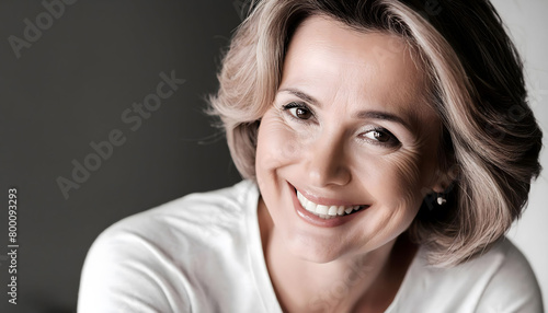 The pleasant-looking middle-aged woman, smiling towards the camera in close-up © HI Pictures
