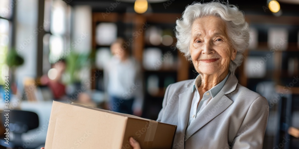 Confident senior woman entrepreneur with a cardboard package in a modern office setting, smiling warmly. Confident senior woman entrepreneur with a cardboard package in a modern office setting, smiling warmly.