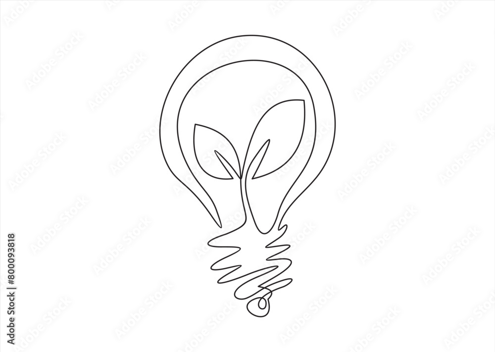 Plant inside Lightbulb in one line drawing. Creative concept of Green energy and environmental friendly sources. Editable stroke. Vector illustration Plant inside Lightbulb in one line drawing. Creative concept of Green energy and environmental friendly sources. Editable stroke. Vector illustration