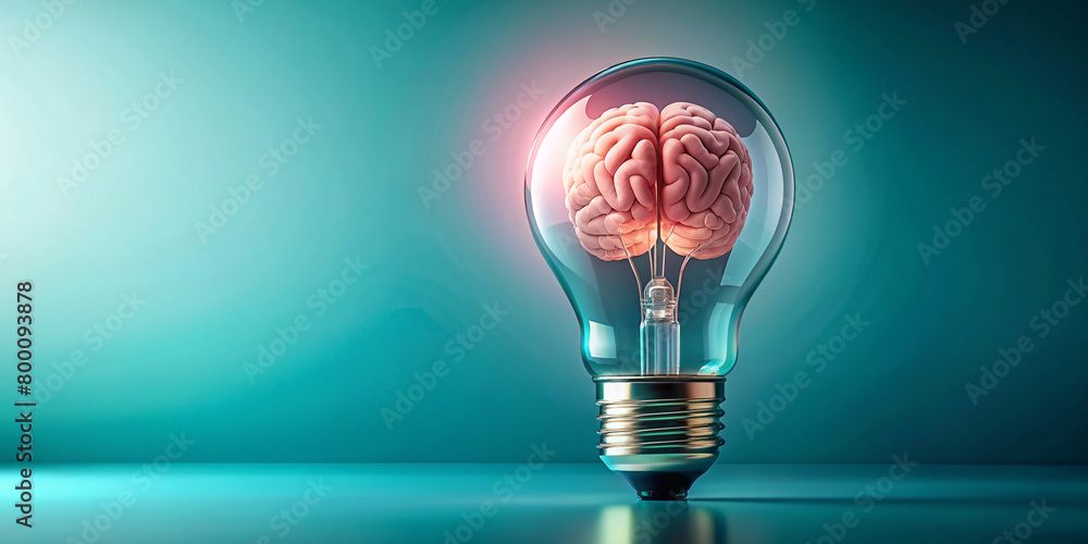 A light bulb a human brain inside solid color background copy space