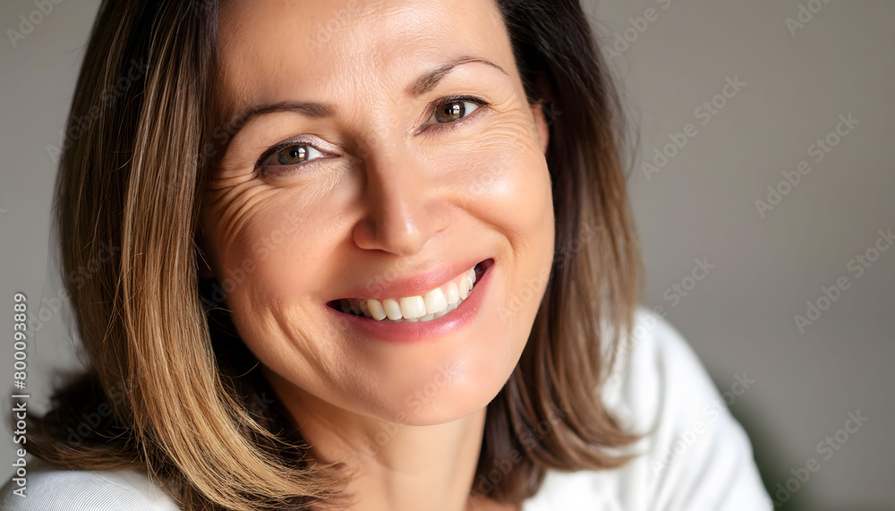 The pleasant-looking middle-aged woman, smiling towards the camera in close-up The pleasant-looking middle-aged woman, smiling towards the camera in close-up