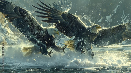 Two eagles are fighting in the water