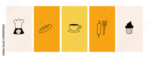 Vector template backgrounds or wallpapers for social media stories, cards, banners with linear icons or logos for bakery shop