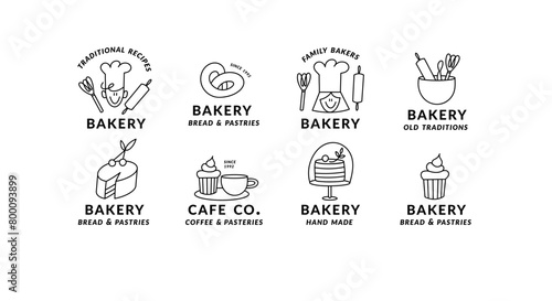 Vector set of templates linear logos for bakery, cafe, cupcake shop, pastries. Emblem with bakery objects