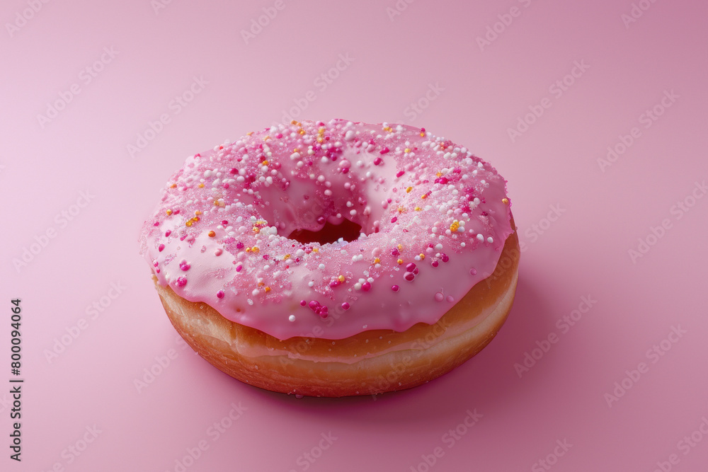 Delicious soft pink donut topped with hundreds of sugar sprinkles on a matching pink surface Delicious soft pink donut topped with hundreds of sugar sprinkles on a matching pink surface