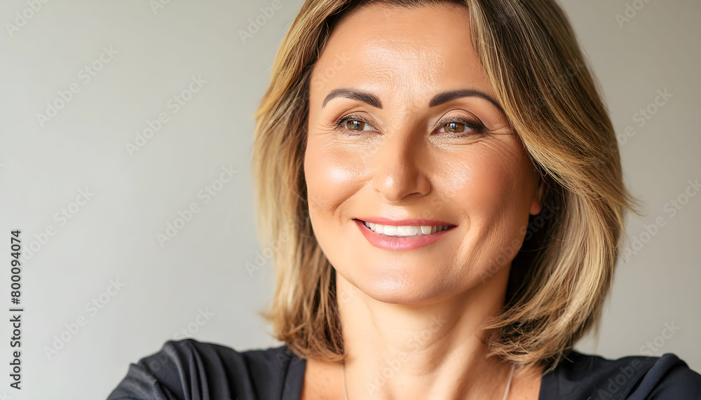 The pleasant-looking middle-aged woman, smiling towards the camera in close-up The pleasant-looking middle-aged woman, smiling towards the camera in close-up