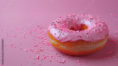 A single pink frosted donut with colorful sprinkles against a pink background, emanating sweet indulgence and dessert appeal