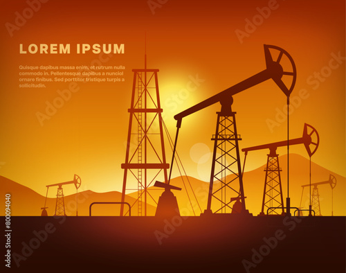 Oil gas industry. Vector illustration of oil well and rig, extraction production and transportation oil with pipe system. Silhouette pumpjack and drilling rig. Manufacturing industrial plant