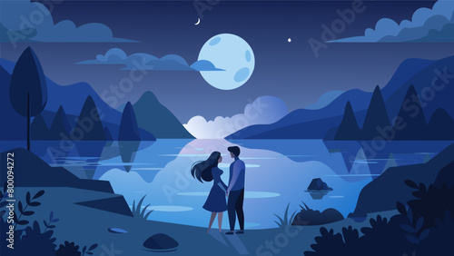 The peacefulness of a lake at night interrupted only by the murmurs of a couple sharing secrets under the moon.. Vector illustration photo