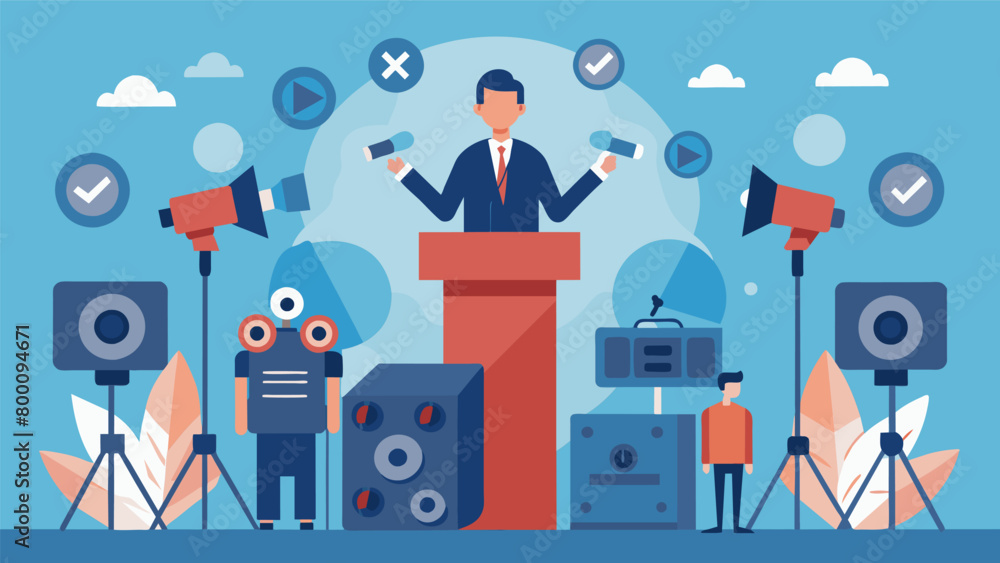 As a speaker stands before a podium their words are captured by a sea of recording devices and cameras amplifying the significance of their message. Vector illustration As a speaker stands before a podium their words are captured by a sea of recording devices and cameras amplifying the significance of their message. Vector illustration