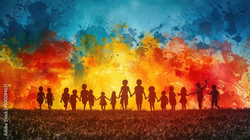 Silhouettes of people against a vibrant rainbow-colored background, symbolizing diversity and unity, concept for the International Day of Innocent Children