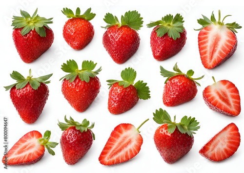 Set of ripe whole and sliced strawberries on white background 
