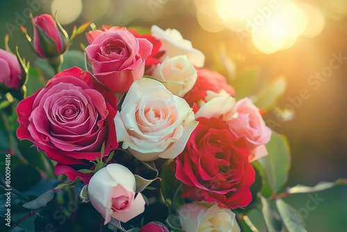 A close-up of a vibrant rose bouquet  featuring a mix of red  pink  and white roses  intertwined with delicate greenery  set against a soft  blurred background of a romantic sunset
