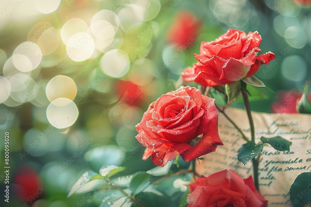 A close-up of vibrant red roses, dew-kissed petals, nestled among soft green foliage in a sunlit garden A close-up of vibrant red roses, dew-kissed petals, nestled among soft green foliage in a sunlit garden