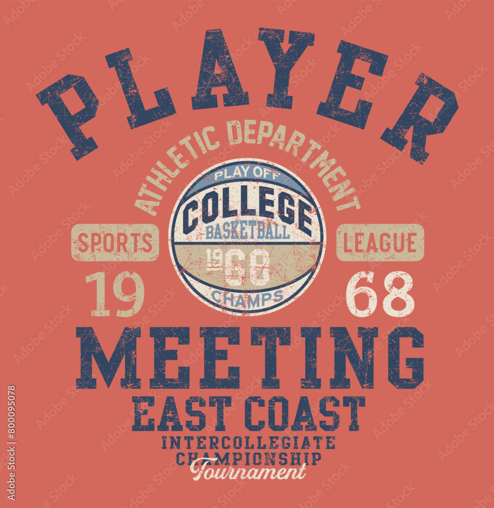 East coast college basketball championship player vintage vector artwork for kids boy t shirt grunge effect in separate layers