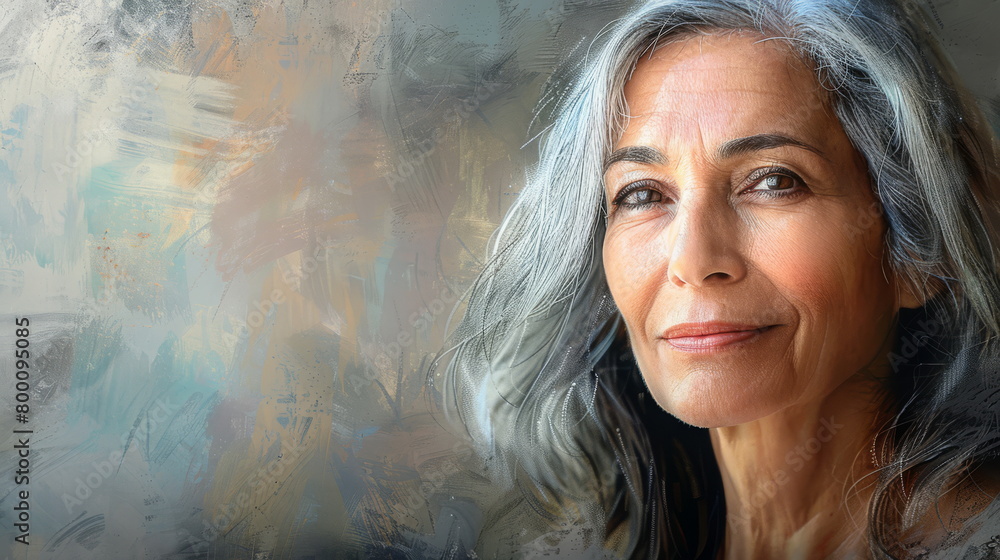 Digital painting of a contemplative woman with grey locks. Suits introspective, strength themes.