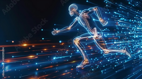 A depiction of a running guy with an x-ray interface over a dark blue setting with fuzzy motion, depicting orthopedic tech or bones and joints care and space, Generative AI. © Noobs