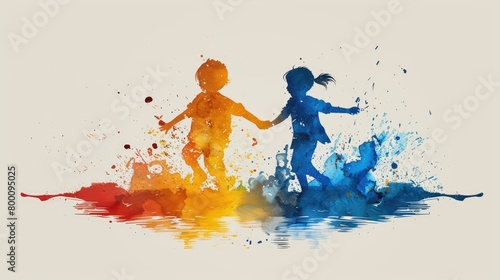 Two children playing watercolor splashes on a white background