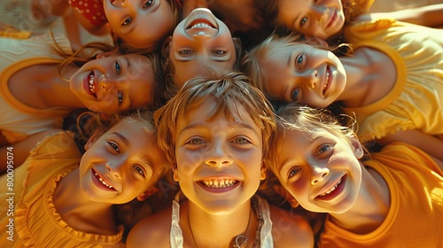 Joyful Children in Sunlight, group of happy children looking down into the camera, their faces lit by the warm sunlight, radiating joy and innocence