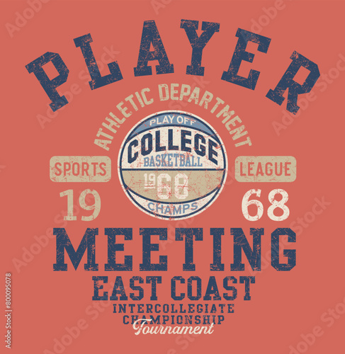East coast college basketball championship player vintage vector artwork for kids boy t shirt grunge effect in separate layers