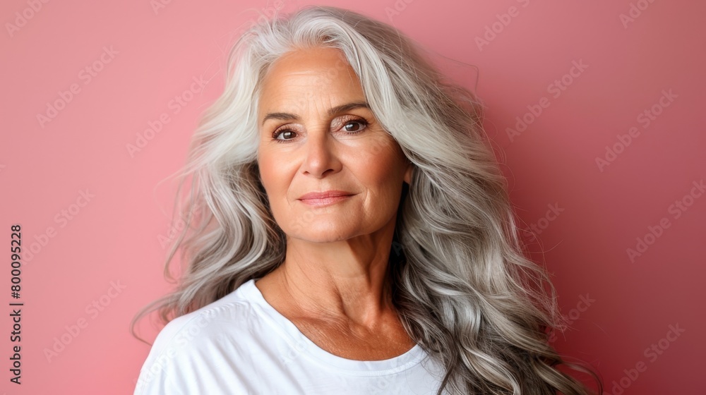 Cheerful middle aged woman in 1950s style smiling, white t shirt, soft pastel background close up Cheerful middle aged woman in 1950s style smiling, white t shirt, soft pastel background close up