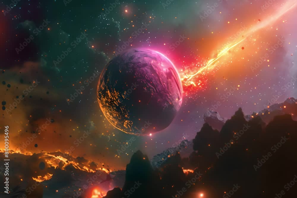 Fantasy landscape of fiery planet with glowing stars, nebulae, colorful ...