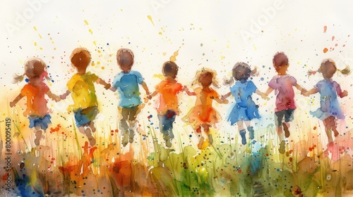 Water color illustration of happy children running together