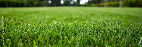 Detailed close up of vibrant green bermuda young grass flourishing on a lush well maintained lawn photo