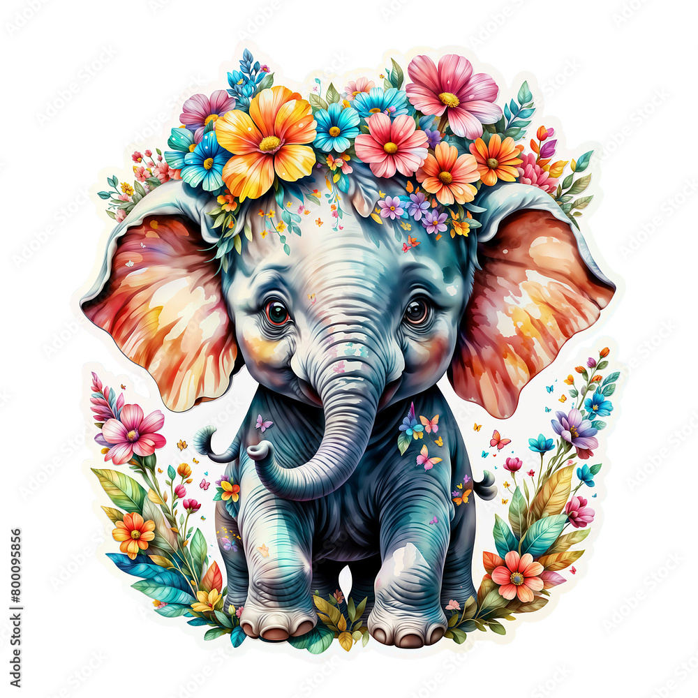 Elephant Sticker Colorful Elephant Bliss A Bouquet of Joy Surrounds the Cartoon Elephant Sticker on Transparent Background, Adorned with Vibrant Flowers and Rainbow Butterflies - Generative AI
