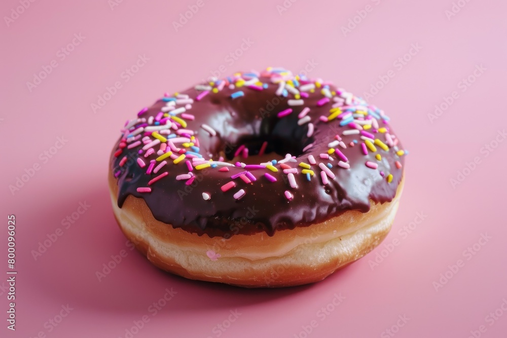 Tasty chocolate-glazed donut topped with a rainbow of sprinkles, set against a pink backdrop Tasty chocolate-glazed donut topped with a rainbow of sprinkles, set against a pink backdrop