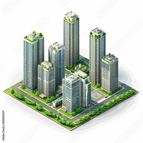 a group of tall buildings sitting on top of a green field