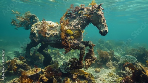 A horse sculpture is swimming in the ocean photo