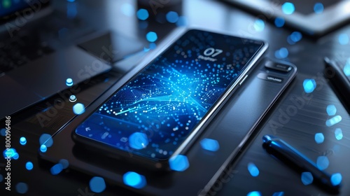 Modern smartphone with glowing blue network graphics on dark desk near gadgets