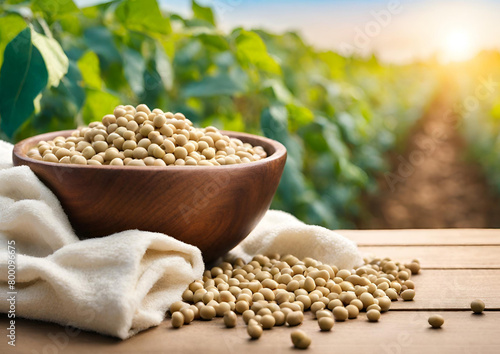 Background soybeans in wooden bowl and cotton bag on wooden table with blur green soybean field and morning light  photo