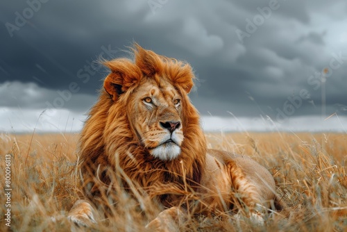 Side view of a Lion walking  looking at the camera  Panthera Leo  A lioness  Panthera leo  sitting on top of a mound  on Savannah  Single lion looking regal standing proudly on a small hill.  